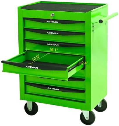 Heavy Duty 7-Drawer Rolling Tool Chest, Key Lock Tool Storage Cabinet with Lockable Casters & Drawer Liners, Mobile Tool Organizer Cart for Garage Workshop Warehouse Repair Shop (Green)