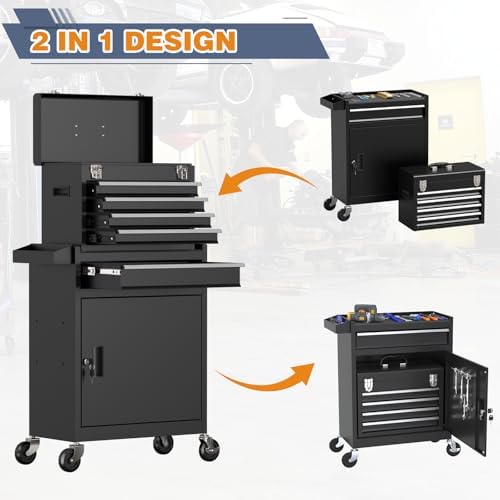 Tool Chest, 5-Drawer Rolling Tool Chest with Detachable Top Tool Box, Tool Box with Wheels, Tool Storage Cabinet for Garage, Warehouse, Workshop (Black)