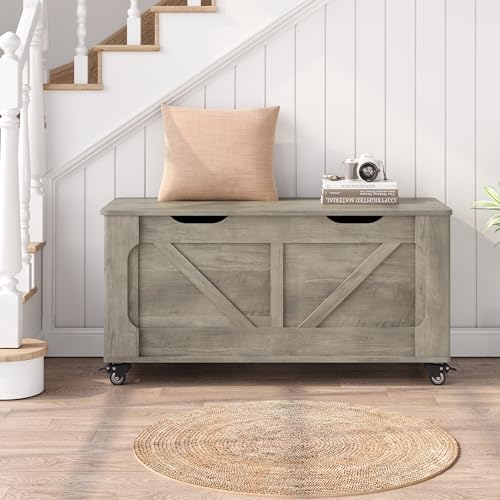 GarveeHome Storage Chest, 39.4" Wooden Storage Bench with 4 Wheels (Gray)