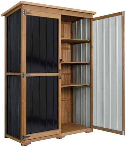 Outdoor Storage Cabinet Waterproof with Shelves, Outdoor Storage Shed Garage Cabinet Weatherproof, Wood & Metal Outside Patio Backyard Garden Pool Storage Tool Organizer