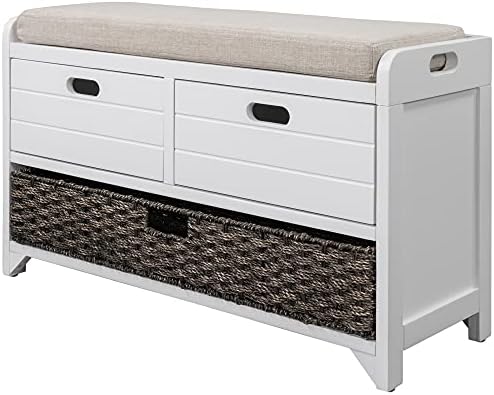 SOFTSEA Storage Bench with Drawers and Basket, Farmhouse Shoe Bench with Seating and Cushion for Hallway Entryway Living Room, Full Assembled (White Wash-2 Drawers)