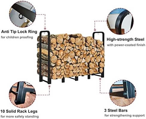 Firewood Rack Stand 6ft Heavy Duty Logs Carrier Holder for Outdoor Indoor Fireplace, Matte Black