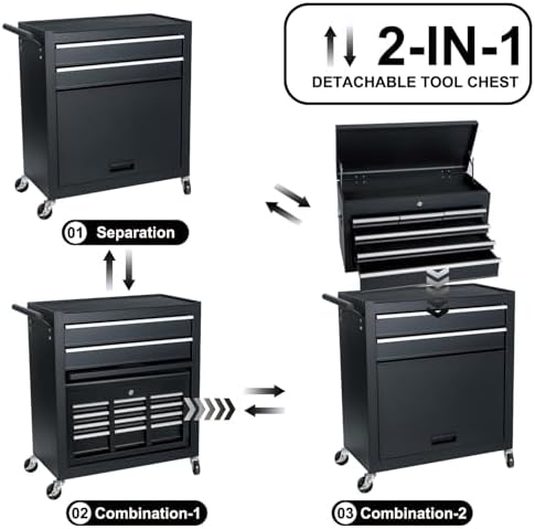 8-Drawer Rolling Tool Chest with Detachable Top Tool Box, Tool Cabinet with Universal Lockable Wheels, Mechanic Tool Organizer Storage Box for Garage Workshop Repair Shop Warehouse (Black)