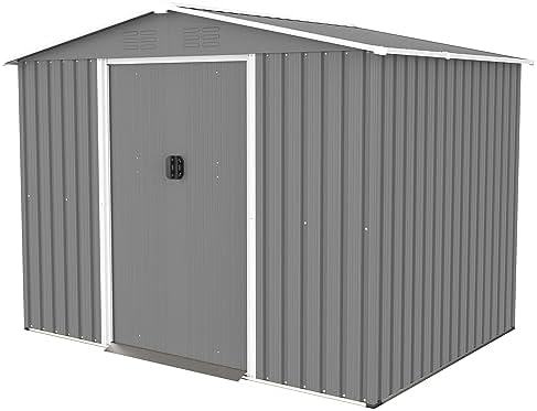 YOPTO 8X6 FT Outdoor Storage Shed with Roof,Waterproof House Tool Cabinet W/Metal Foundation & Lockable Doors,for Shovels,Umbrellas,Antennas,Escalators,Gray