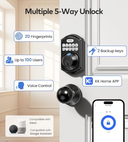 TEEHO TE012W-K WiFi Smart Keyless Entry Door Lock with Knob, Matte Black