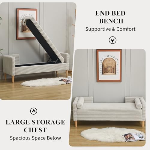 NIOIIKIT 65" Corduroy Upholstered Storage Ottoman Bench with 2 Pillows