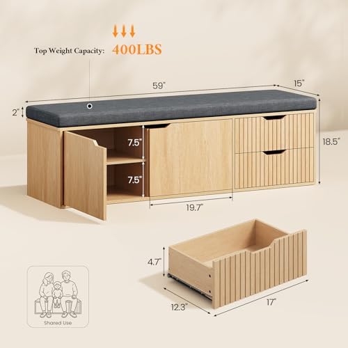 59" Storage Bench with Drawer, 2-Tier Shoe Bench with Storage, Long Entryway Bench, Thickened Cushion, Adjustable Shelf, Fluted Design for Entryway, Bedroom, Living Room, Natural