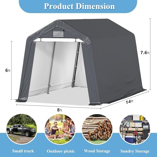 8x14 Ft Outdoor Storage Shelter, Heavy Duty Waterproof Portable Shed with Roll-up Zipper Door and Ventilated Windows for Motorcycle, Bike, Tools
