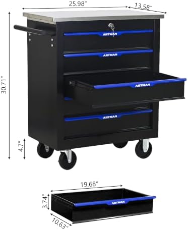 5-Drawer Rolling Tool Chest with Stainless Steel Countertop,Tool Chest with Secure Locking System,Mobile Storage Tool Cabinet with 360°Wheels and Padded Feet,for Home,Garage (Black+Blue)