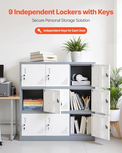 VEVOR 9 Doors Metal Locker for Employees, Steel Locking Storage Cabinet with Card Slot and Ventilation, 2 Keys for Each Door, Employee Lockers for Office, School, Gym, Home, Easy Assembly, Gray