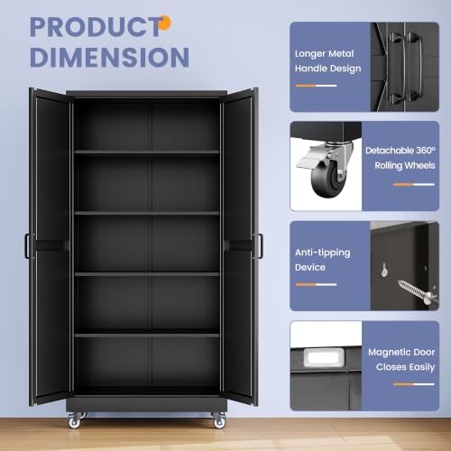 71"Metal Storage Cabinet with Wheels,Garage Cabinets,Pantry Cabinet