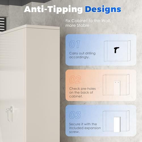 INTERGREAT Metal Garage Storage Cabinet with Lock, 72" Storage Cabinet with Locking Doors and 4 Adjustable Shelves, Lockable Steel Tool Cabinet for Home Office, School, Cream Grey