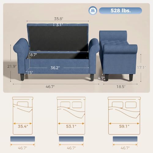 HOMCOM 47" Storage Ottoman End of Bed Bench with Rolled Arms Blue