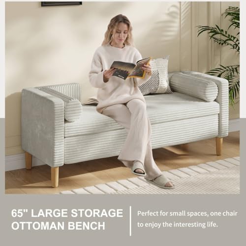 NIOIIKIT 65" Corduroy Upholstered Storage Ottoman Bench with 2 Pillows