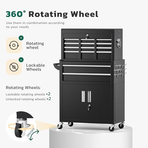Greenvelly 8-Drawer Tool Chest with Wheels, Pre-Assembled Rolling Tool Chest, Detachable Top Tool Box, Lockable Design, Comes with Drawer Liners & Side Hooks for Garage Workshop Repair Room (Black)