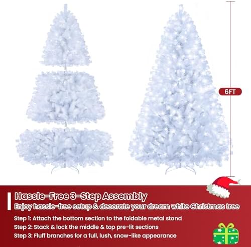6ft White Prelit Christmas Tree with 300 LED White Lights, 726 Dense Branch Tips, Versatile Holiday Tree for Christmas, Halloween and Party Decor