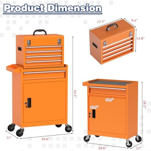 Rolling Tool Box with Wheels, 5-Drawer High Capacity Tool Chest with Wheels, Removable Storage Toolbox with Lock for Garage, Workshop (Orange)