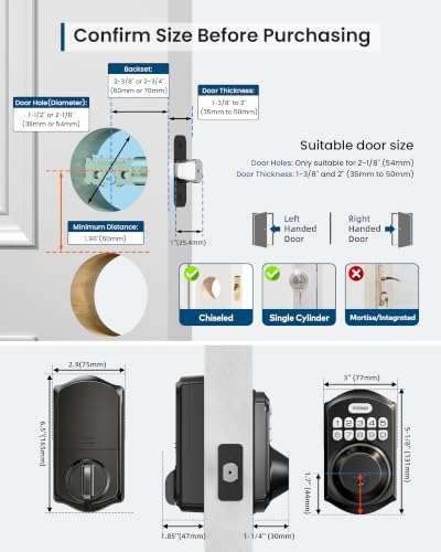 TEEHO WiFi Smart Deadbolt, Keyless Entry Door Lock, Matte Black
