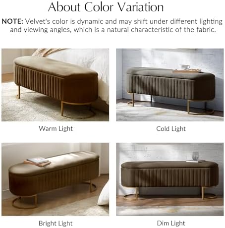 EcoHarbor Living 50.5" Bedroom Velvet Storage Bench,Upholstered End of Bed Bench with Gold Legs,Entryway Footrest Seat