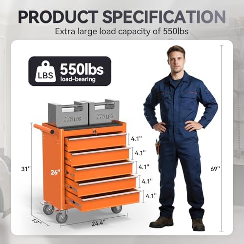 5-Drawer Rolling Tool Chest with Wheels, Metal Tool Storage Cabinet with Lock&Keys and Swivel, Toolbox with drawers, Tool Box for Warehouse,Garage, Repair Shop, Workshop (Orange, 5-Drawer)