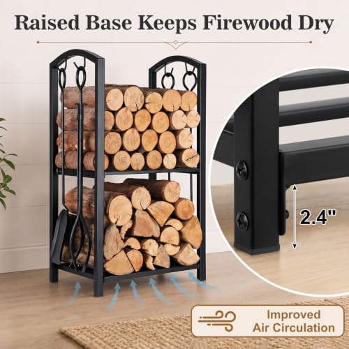 FEED GARDEN Firewood Rack Log Holder with 4-Piece Fireplace Tool Set, 29" H