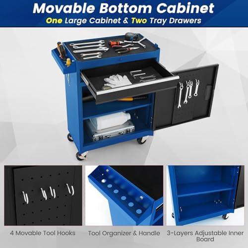 TANGZON Rolling Tool Chest, 2-in-1 Large Capacity Tool Cabinet with Wheels, 5 Drawers & Auto-Locking System, Heavy-Duty Metal Toolbox for Workshop, Warehouse, Garage (Black + Blue)