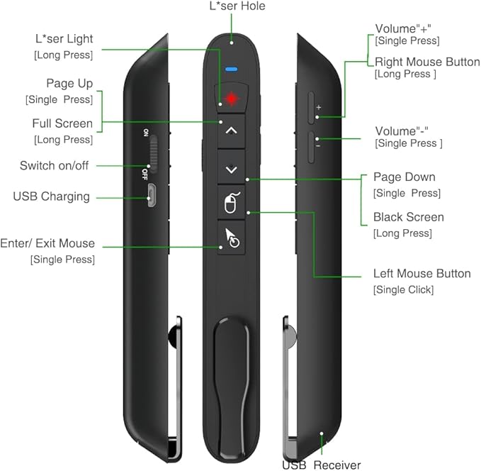 DINOSTRIKE Air Mouse Green Light USB Rechargeable Presentation Clicker Wireless