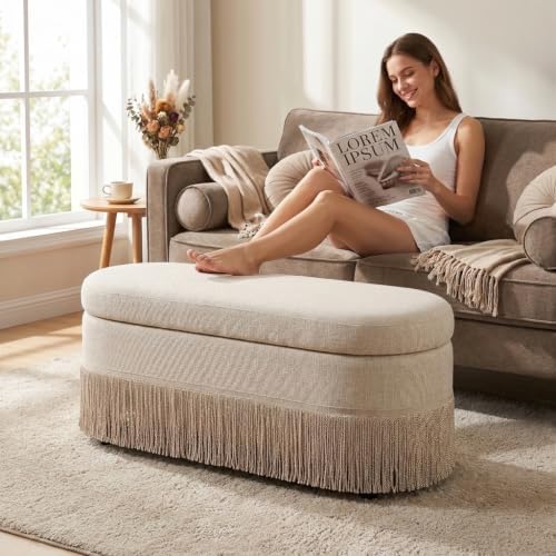 39.4“ Boho Storage Ottoman Bench with Tassels,Upholstered End of Bed Bench