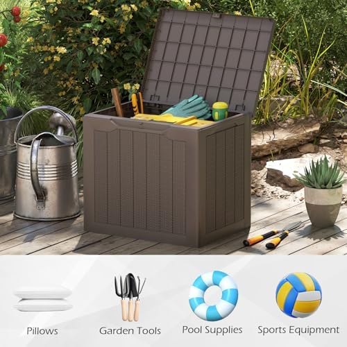 Giantex 25 Gallon Outdoor Storage Box, Patio Deck Box with Lockable Lid, Wicker-woven Texture, Waterproof Storage Bench for Pool Accessories, Garden Tools, Package Delivery, Patio Furniture (Brown)