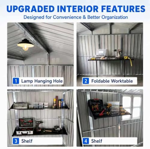 10x12 FT Outdoor Storage Shed, Large Metal Garden Shed with Window & Hinged Door, Upgraded Outside Tool Shed with Foldable Worktable & 2 Shelves, Waterproof Storage Building for Backyard, Gray
