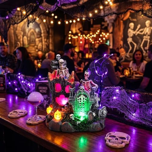 Valery Madelyn Halloween Decorations, Lighted Halloween Village with Music and LED Lights, Resin Spooky Tree and Skeleton Gravestones Scene Haunted House for Home and Party Table Desk Mantel, 8 Inch