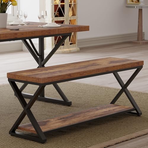 IBF Rustic Entryway Bench with Storage, Rustic Brown Wood and Metal Bench