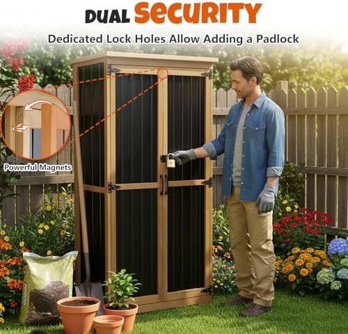 Outdoor Storage Cabinet with Shelves, Wood & Metal Storage Shed with Weatherproof Roof, Lockable Doors, Adjustable Feet, Outside Storage Cabinet for Garage, Patio (15.6" D x 32.3" W x 65.8" H)