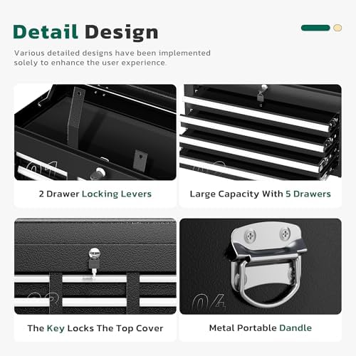 Greenvelly Rolling Tool Chest, 5-Drawer Metal Tool Chest with Wheels, 2 in 1 Detachable Tool Cabinets, Metal Tool Cart with Liner & Hooks for Garage, Workshop, Warehouse (Black)