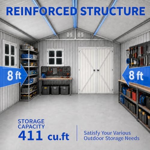 10x8 FT Outdoor Storage Shed with 2 Clear Windows, Metal Garden Shed with Flower Racks & Baskets, Outside Tool Shed with Lockable Double Doors, Waterproof Storage Building for Backyard, Gray