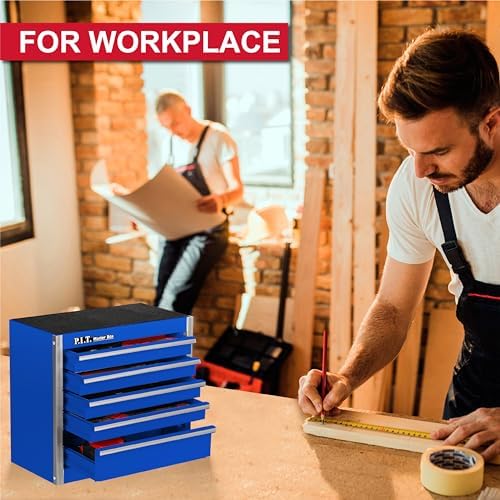 P.I.T. Mini Tool Box,Small Metal Toolbox Organizer with 5 Drawers,Blue