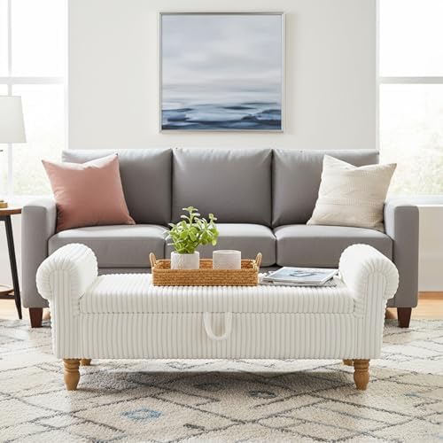 55" Entryway Bench with Storage for Queen Bed, White corduroy Ottoman