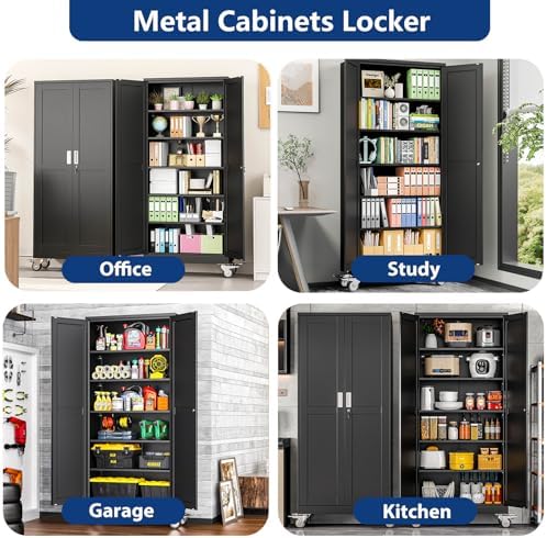 Ckzbx Metal Garage Storage Cabinet with Locking Doors and Adjustable Shelves,75" H Rolling Tool Storage with Wheels for Garage,Office (Black)