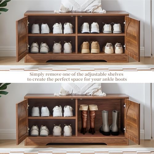 BERRYMERRY 39.4" Fluted 2 Tier Shoe Storage Bench with Shelf