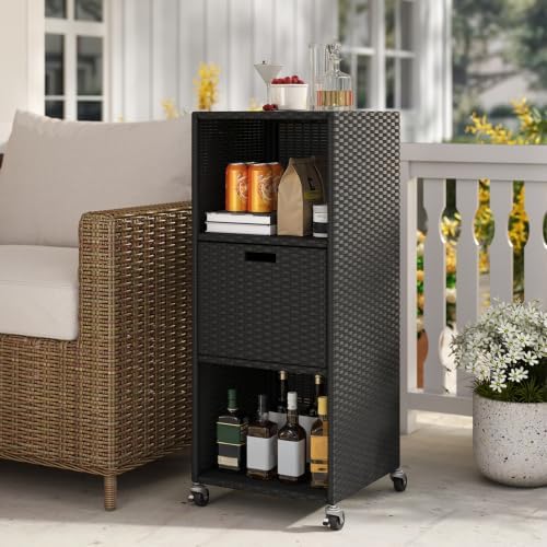 Tangkula Rattan Outdoor Storage Cabinet with 4 Wheels, Black