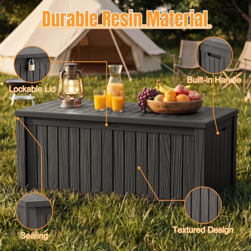 Outdoor Storage Box, 260 Gal Waterproof Resin Deck Box w/Support Rod