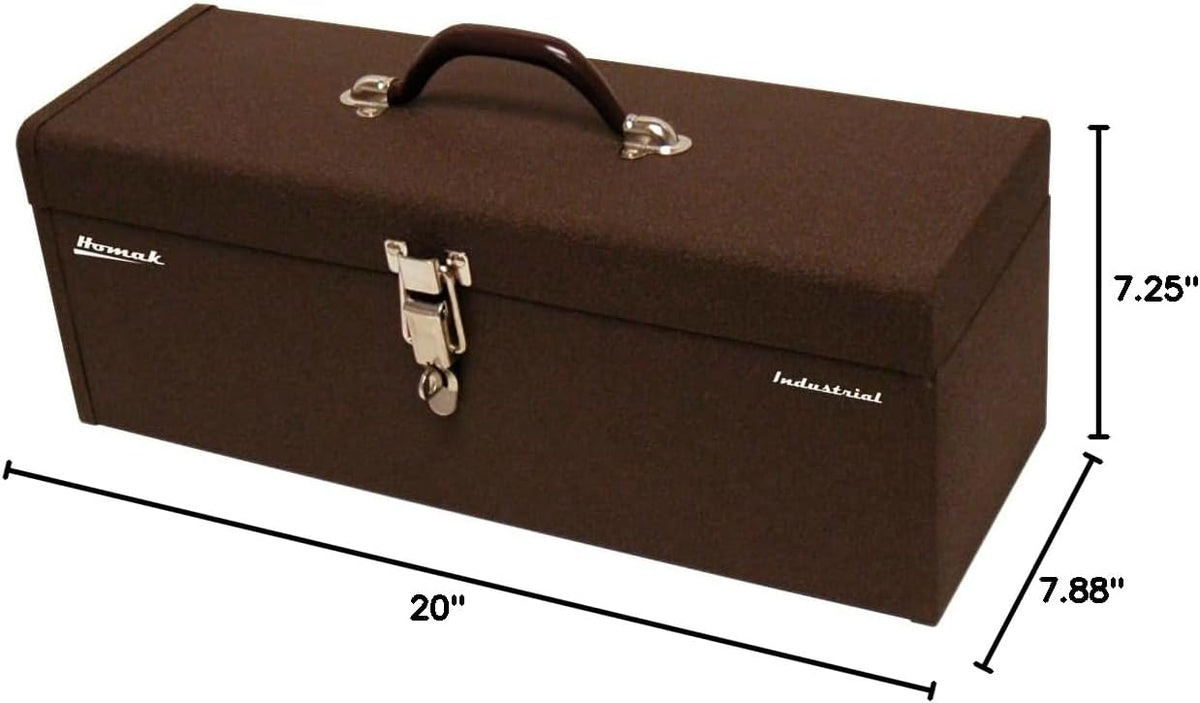 homak industrial 20-inch tool tote steel toolbox, brown showing dimensions
