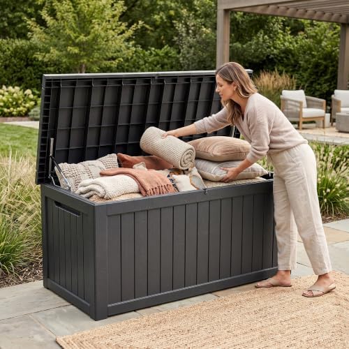 320 Gallon Outdoor Deck Box, Lockable Waterproof Outdoor Storage Boxes For Garden Tools,Indoor Cushions,Accessories Outside Storage Resin Weatherproof Container, Black