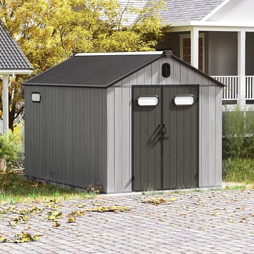 Domi 8x10FT Outdoor Resin Storage Shed with Transparent Windows & Louvered Vents, Plastic Tool Shed with Double Lockable Doors & Gable Roof, Outside Garden Shed for Backyard, Patio, Lawn, Grey