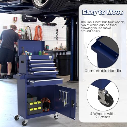 Rolling Tool Box with Wheels, 5-Drawer High Capacity Tool Chest with Wheels, Removable Storage Toolbox with Lock for Garage, Workshop (Blue)