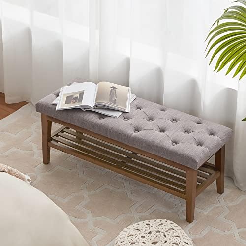HUIMO Upholstered Entryway Shoe Bench, Button Tufted End of Bed Bench, Grey