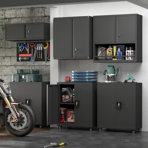 Metal Garage Cabinets, Lockable Storage Cabinet, Metal Cabinet with Open Storage, Upper Tool Cabinet for Basement, Wall Mounted Cabinets for Shop