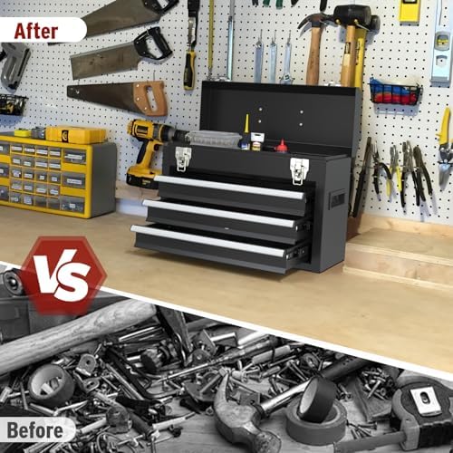 3 Drawers small Tool Box, Portable 3 Drawer Steel Tool Box with Locking System toolbox organization with Liner for Tools Storage (Black)