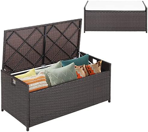 HAPPYGRILL 34 Gallon Patio Storage Bench Deck Box, 3-in-1 Rattan Wicker Storage Box with Seat Cushion & Zippered Protective Liner, Effort-Saving Gas Strut