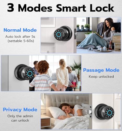 Anweller Smart Door Knob with Lock, Fingerprint Code Keypad Keyless Entry Electronic Digital Biometric Bluetooth App Control Doorknob for Bedroom Interior Apartment Garage - Black